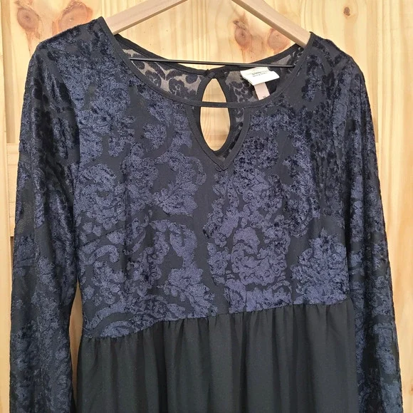 Knox Rose Long Sleeve Burn Out Velvet Chiffon Tiered Black Midi Dress Size M - Picture 2 of 11